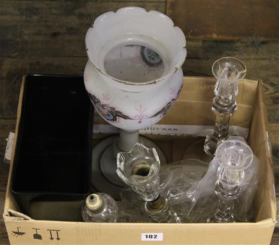 Pair glass candlesticks etc